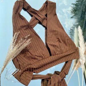 Rib Tie Crop Top in Cafe